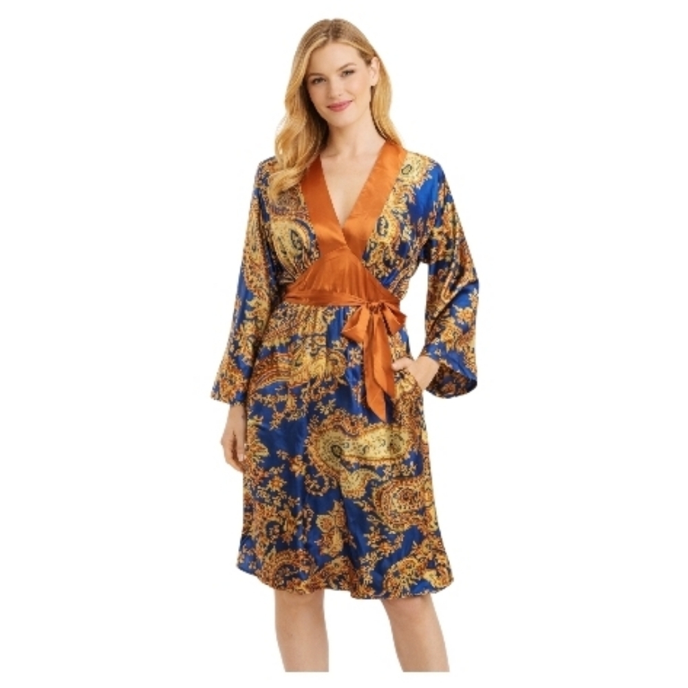 Speed Control blue gold rust print satin kimono midi dress Large nwt